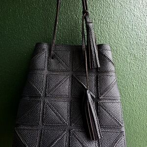 Textured Black Faux Leather Shoulder Bag with Tassel Accent